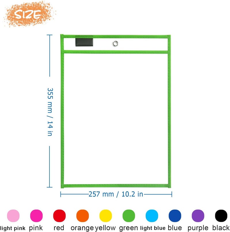 LONGKEY 20 Pack Dry Erase Pockets with Rings, 10 x 14 Inch Ticket Holders Clear Plastic Sleeves Sheet Protectors for Teacher Classroom Sleeves, 10 Assorted Colors - Image 2